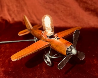 Wooden Airplane Lamp: Dimmable Edison Bulb, Aviation Decor