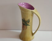 ON SALE Ceramic Pitcher, Vase, Hand Painted, Rose Design, Green and Pink, Iridescent Glaze, Artist Signed, Functional, Decorative, Vintage