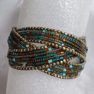 Cuff Bracelet, Micro Glass Beads on Wire, Braided Stretch Design, Vintage Costume Jewelry