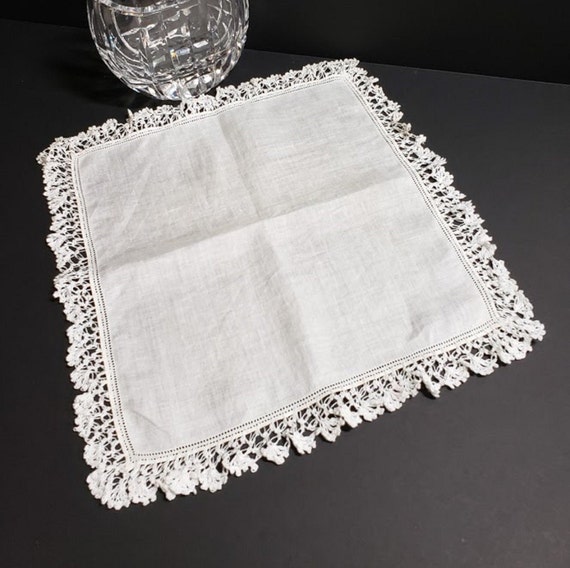 Vintage handkerchiefs, White on white linen and l… - image 8