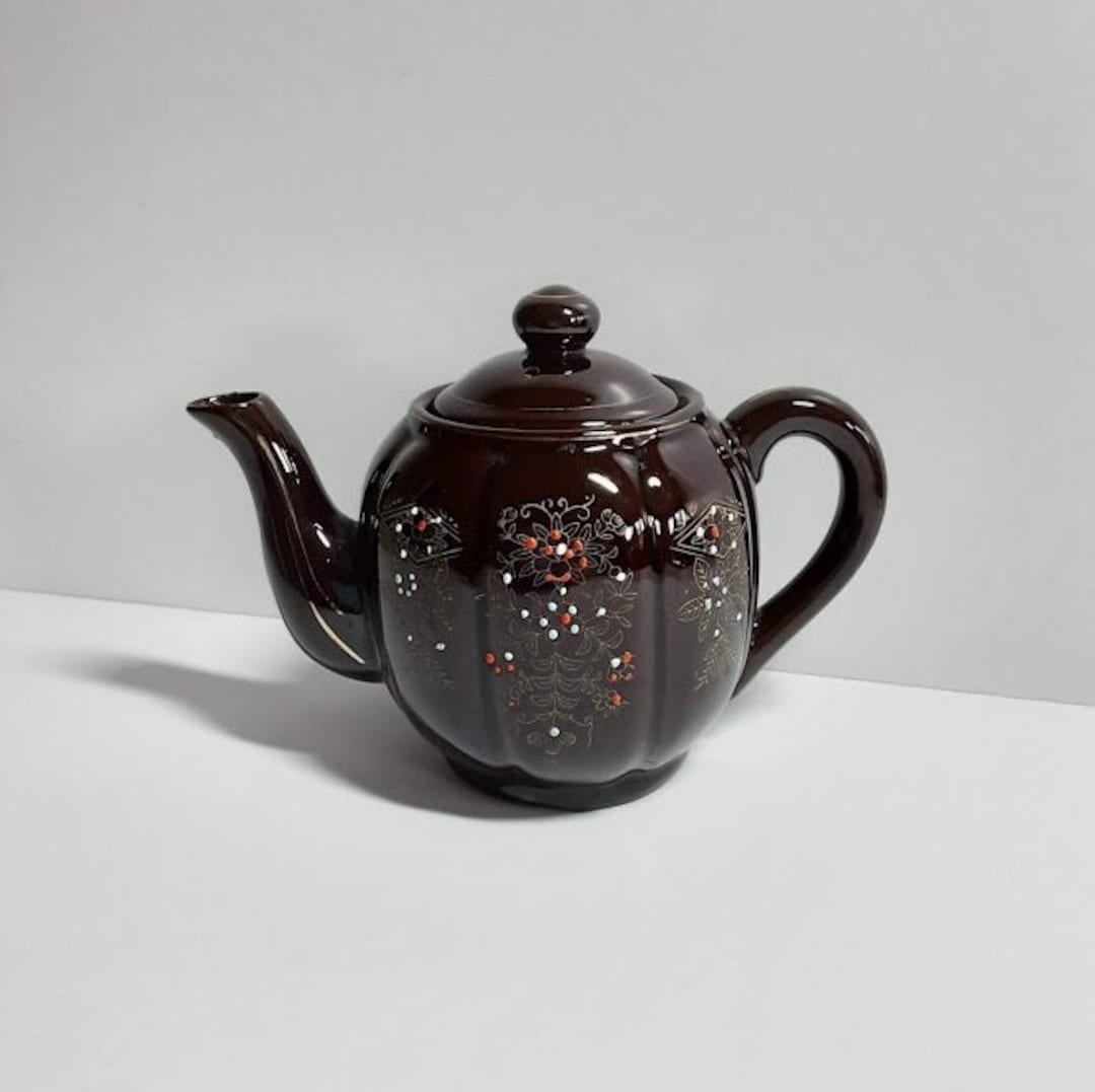 Vintage Brown Betty Teapot With Hand Painted Gold Leaf Design and