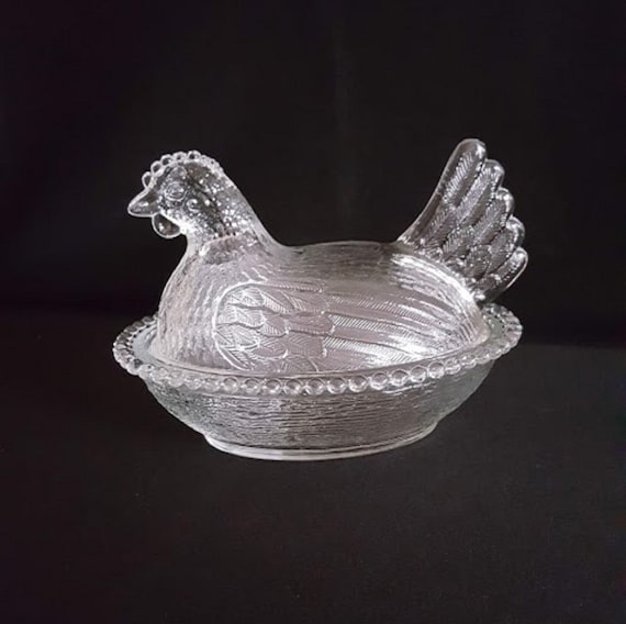 Vintage Indiana glass clear hen on nest candy dish with lid 7