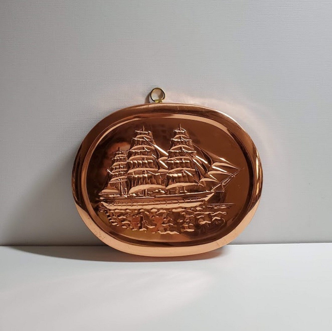 Oval Wall Hangings Embossed With Tall Ship at Sea on Coppertone Metal