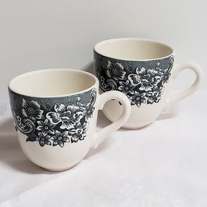 Vintage Staffordshire Tea Cups/Coffee Mugs, English Blue, Engravings Pattern, Set of 2,