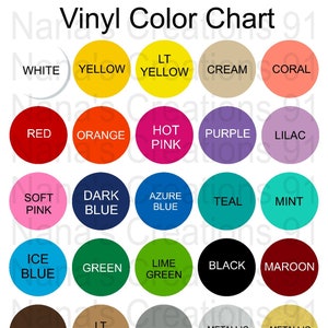 May include: Vinyl color chart with 20 different colors, including white, yellow, cream, coral, red, orange, hot pink, purple, lilac, soft pink, dark blue, azure blue, teal, mint, ice blue, green, lime green, black, maroon, brown, light brown, gray, metallic silver, and metallic gold.