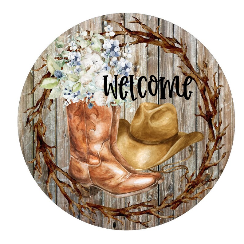 14 Round MDF Door Sign Welcome Sign Boots and Hat Door - Etsy