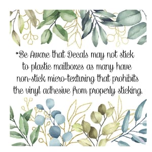 May include: A watercolor illustration of leafy branches with gold accents. The text reads: *Be Aware that Decals may not stick to plastic mailboxes as many have non-stick micro-texturing that prohibits the vinyl adhesive from properly sticking.