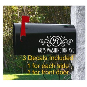Set of 3 Custom Vinyl Mailbox Decals, 2 decals with Initial and Address and 1 number decal for the front door of mailbox