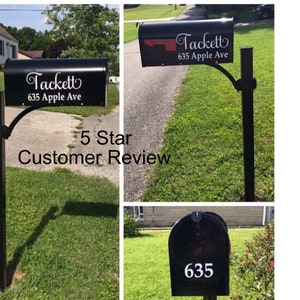 May include: Three black mailbox designs with white lettering. The first mailbox has the name "Tackett" and the address "635 Apple Ave". The second mailbox has the name "Tackett" and the address "635 Apple Ave". The third mailbox has the number "635" on it.