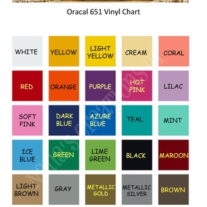 May include: A color chart showing the different colors of Oracal 651 vinyl. The colors are arranged in a grid with 12 rows and 4 columns. The colors include white, yellow, light yellow, cream, coral, red, orange, purple, hot pink, lilac, soft pink, dark blue, azure blue, teal, mint, ice blue, green, lime green, black, maroon, light brown, gray, metallic gold, metallic silver, and brown.