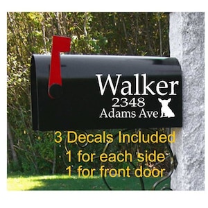 Set of 3 Custom Vinyl Mailbox Decals, 2 decals with Last Name and Address and 1 number decal for the front door of mailbox