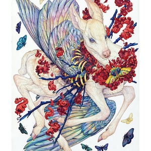 May include: A white deer fawn with iridescent wings and a skeletal ribcage, surrounded by red blossoms and butterflies. The fawn's eyes are blue, and its wings are spread out behind it.
