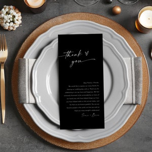 Tarjetas de agradecimiento personalizables impresas en blanco y negro para cenas de boda