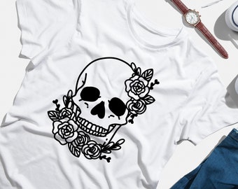 T-shirt Halloween-schedel: gebloemd skelet, boho-T-shirt dames