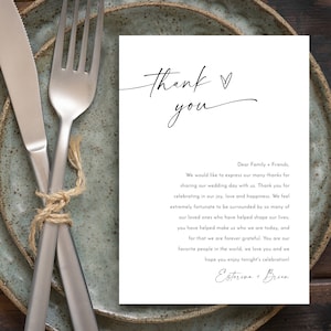 Tarjetas de agradecimiento impresas con corazón para la cena de bodas