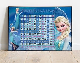 La reine des neiges Elsa de Disney - Tableau de multiplication, affiche plastifiée - Apprentissage éducatif, enseignement à domicile - Enfants