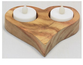 Handmade Wooden Love Heart Shaped Tea Light Holder with Two Tea Lights for Romantic Mood Lighting