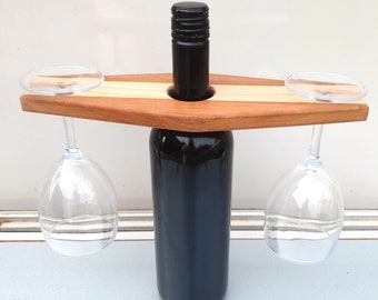 Outdoor Wine Caddy, Caravan Aid, Camping Caddy, Wooden Wine Bottle and Glass Holder - 2 glasses. Caravan Essential