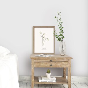 May include: A white wooden nightstand with two drawers and a lower shelf. A framed botanical illustration of white flowers with the text "Cotton Grass" is on the top shelf. A small potted succulent plant is on the shelf below the book "The Unknown Life of Common Objects" by Bauhaus.