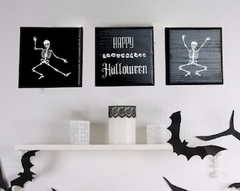 Skeleton Sign Set of 3, Skeleton Halloween Sign Set, Happy Halloween Skelton and Skulls Decor, Wood Halloween Sign Decor