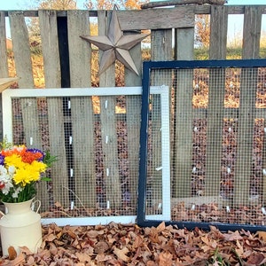 May include: Two wire mesh frames, one white and one black, with a white wooden frame around each. The frames are hanging on a wooden fence with a bouquet of flowers in a white milk jug in front of them.