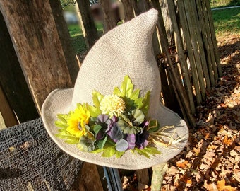 Gorgeous Floral Witch Hat, Beautiful Woodland Witch Hat, Tan  display picture 1