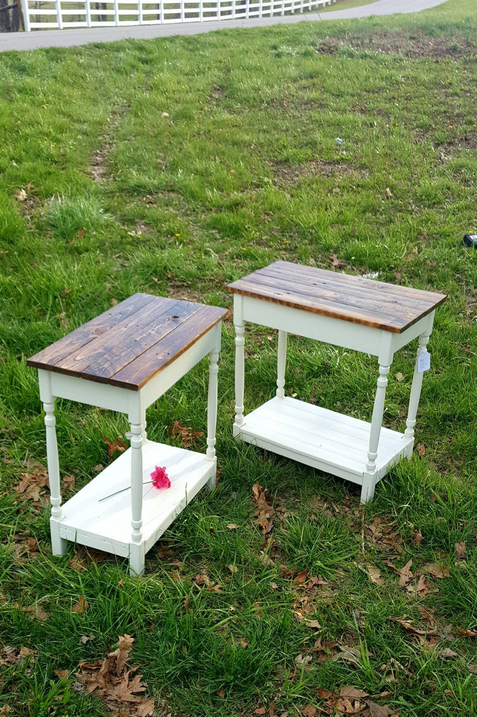 Two Farmhouse End Tables Chic Country Cottage Bedside Tables Etsy