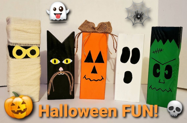 Wooden Halloween Decor Set of 5, Halloween Character Blocks, Scarecrow, Mummy, Frankenstein, Ghost, Black Cat image 8