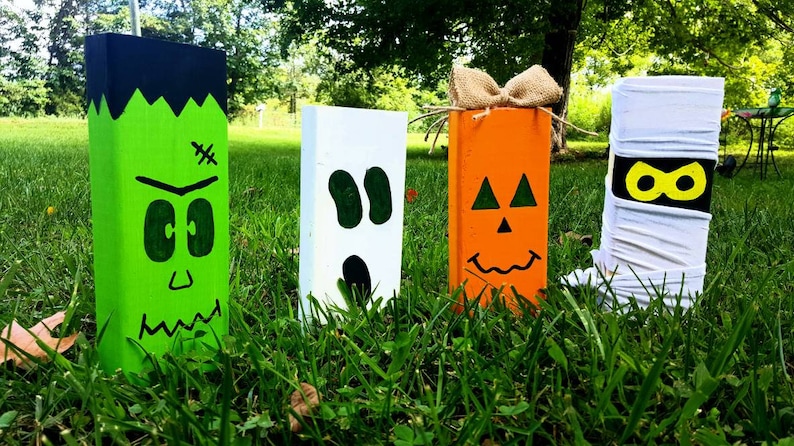 Wooden Halloween Decor Set of 5, Halloween Character Blocks, Scarecrow, Mummy, Frankenstein, Ghost, Black Cat image 10