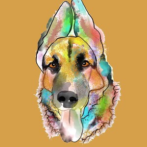 May include: A watercolor painting of a German Shepherd dog's head with a colorful background. The dog's tongue is sticking out and its eyes are looking directly at the viewer.