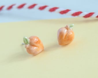 ceramic peach earrings,  handmade clay miniature food jewelry