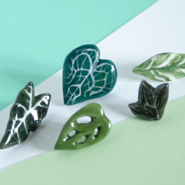 ceramic plant leaf pin, clay gardener brooch - variety of plant leaf types