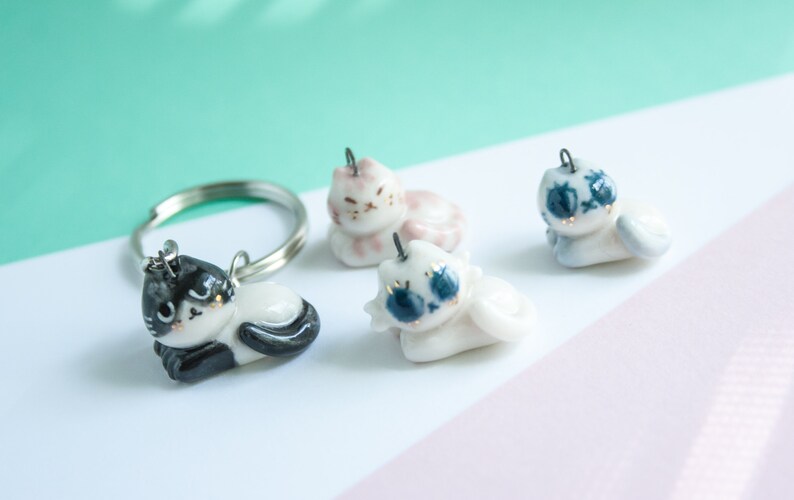 Ceramic Cat Keychain Porcelain Cat Etsy