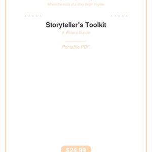 Op de afbeelding: Een wit digitaal document getiteld The Whisperary, met de tekst Storyteller's Toolkit, A Writer's Bundle en Printable PDF. Het document is omlijst door een dunne perzikkleurige rand met cirkelvormige accenten op elke hoek.