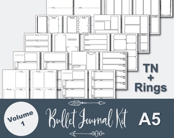 May include: A set of printable bullet journal templates in A5 size. The templates include weekly, monthly, and daily layouts. The text "TN + Rings" and "Volume 1" are visible in the image.