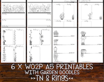 May include: Printable A5 planner pages with garden doodles. The pages are divided into sections for each day of the week. The doodles include flowers, plants, and cacti.