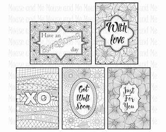 10 Printable Colouring Cards – 5 with greetings and 5 without greetings. PLUS 10 blank frames and 10 ready-made greetings - digital stamps