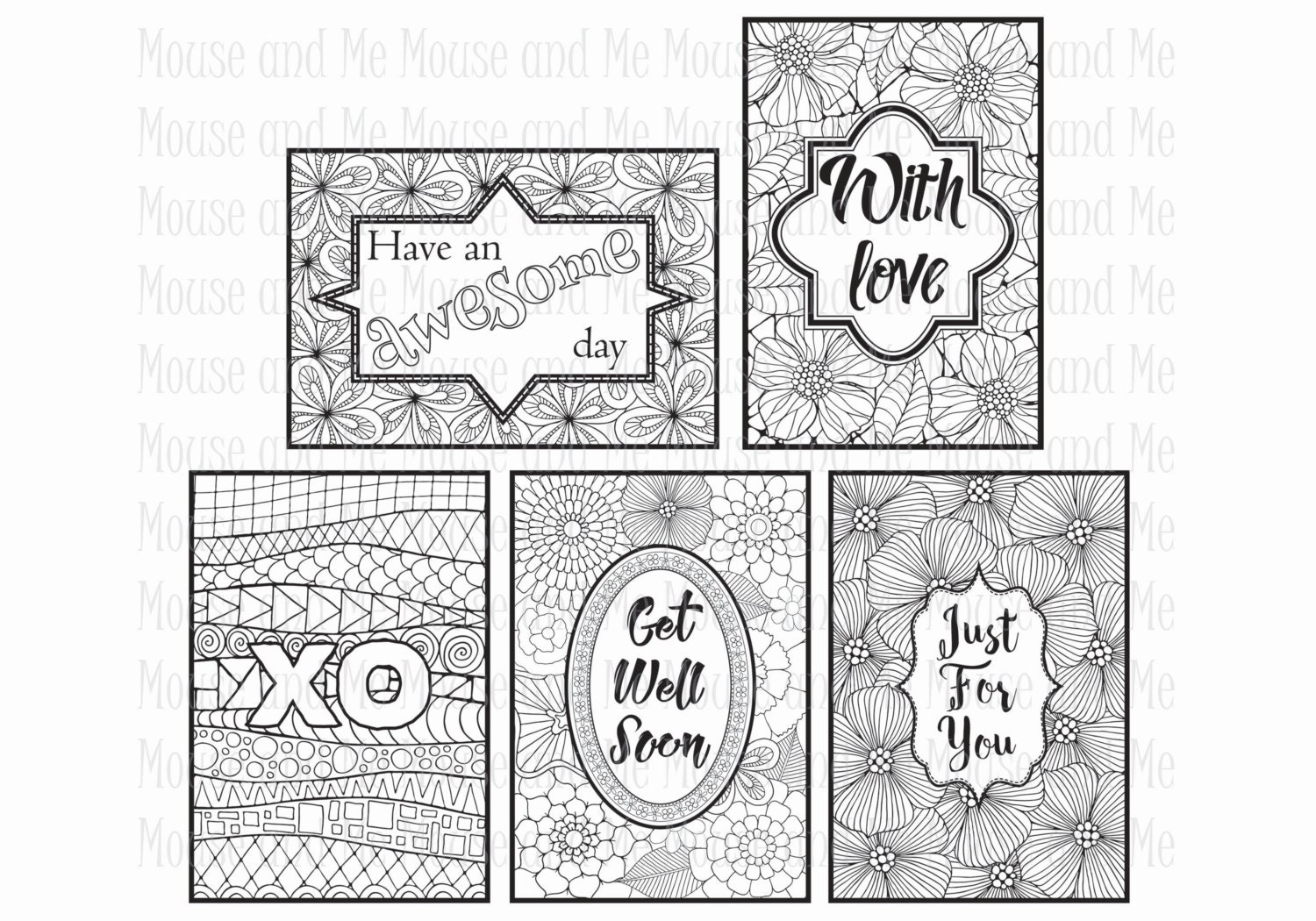 10 Printable Colouring Cards 5 with greetings and 5 without Etsy