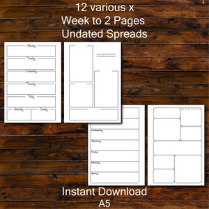 May include: Twelve printable weekly planner pages in A5 size. The pages are undated and feature different layouts for planning a week. The layouts include a daily column format, a weekly overview format, and a combination of both.
