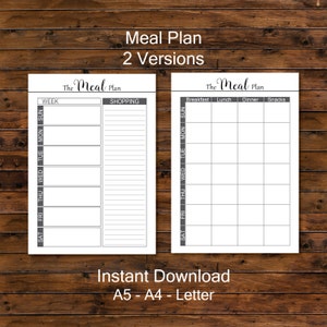 May include: Two printable meal planner templates. The first template has a weekly meal plan with a shopping list section. The second template has a daily meal plan with sections for breakfast, lunch, dinner, and snacks.