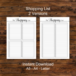 May include: Two printable shopping list templates with the text "The Shopping List" at the top of each page. The left page has four columns of checkboxes and lines for writing. The right page has two columns of checkboxes and lines for writing. The text "Instant Download A5 - A4 - Letter" is at the bottom of the image.