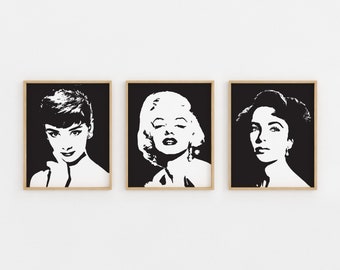 Marilyn Monroe decor, Audrey Hepburn print, Elizabeth Taylor Printable Wall Art, 1950s Movie Theater Decor, Pop Art Print, Fashion Wall Art