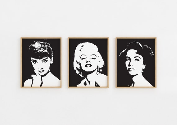 Marilyn Monroe decor, Audrey Hepburn print, Elizabeth Taylor Printable Wall Art, 1950s Movie Theater Decor, Pop Art Print, Fashion Wall Art