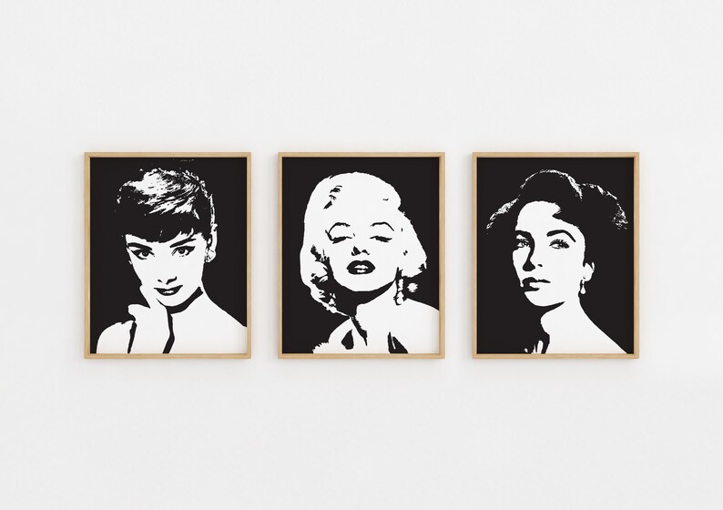 Marilyn Monroe decor, Audrey Hepburn print, Elizabeth Taylor Printable Wall Art, 1950s Movie Theater Decor, Pop Art Print, Fashion Wall Art image 1
