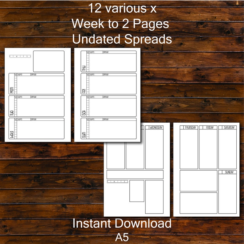 May include: Twelve printable weekly planner pages in black and white. Each page is divided into sections for each day of the week. The pages are designed for use with an A5 size planner.
