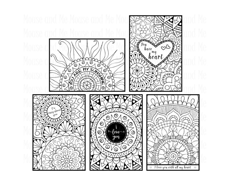 10 Printable Colouring Cards 5 with greetings and 5 without greetings. PLUS 10 blank frames and 10 ready-made greetings digital stamps image 1