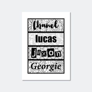 Pu&ograve; includere: Stampa d'arte stampabile in bianco e nero con quattro nomi: Chanel, Lucas, Jaxon e Georgie. Ogni nome &egrave; circondato da un bordo decorativo.