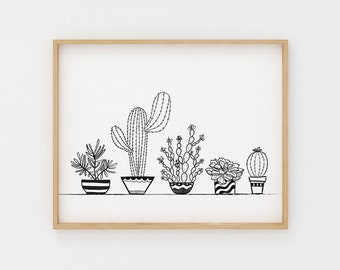 Puede incluir: Dibujo en blanco y negro de cinco plantas en maceta, incluyendo un cactus, una suculenta y un helecho. Las plantas están en macetas de varios diseños simples.
