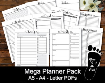 A4, Letter, A5 Planner Inserts, Printable Planner Bundle - Daily Planner, Weekly Planner, Meal Planner, Shopping, Notes, To Do List, Undated