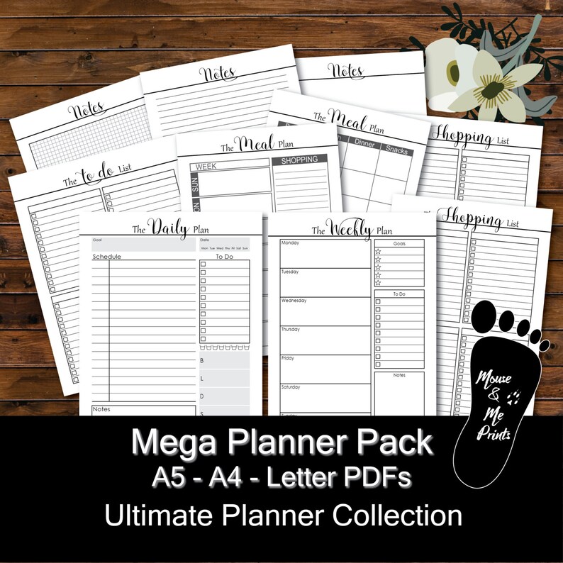 May include: A set of printable planner pages in black and white. The pages include sections for to-do lists, meal planning, shopping lists, daily schedules, and weekly schedules. The pages are designed to be printed on A5, A4, or Letter size paper.
